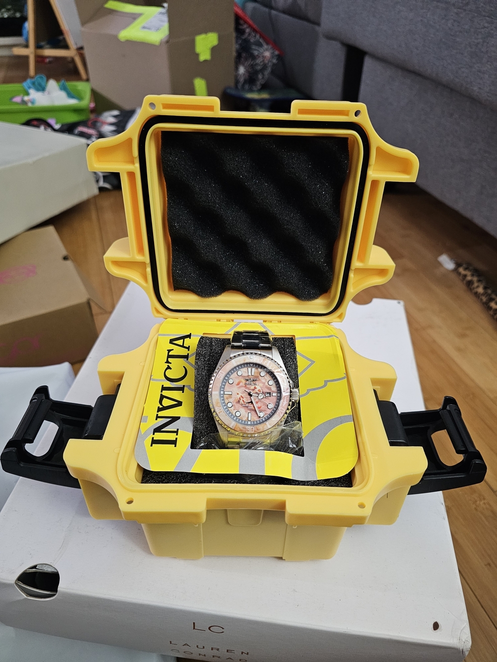 Invicta Yellow Case Watch with Pink Mother-of-Pearl Dial